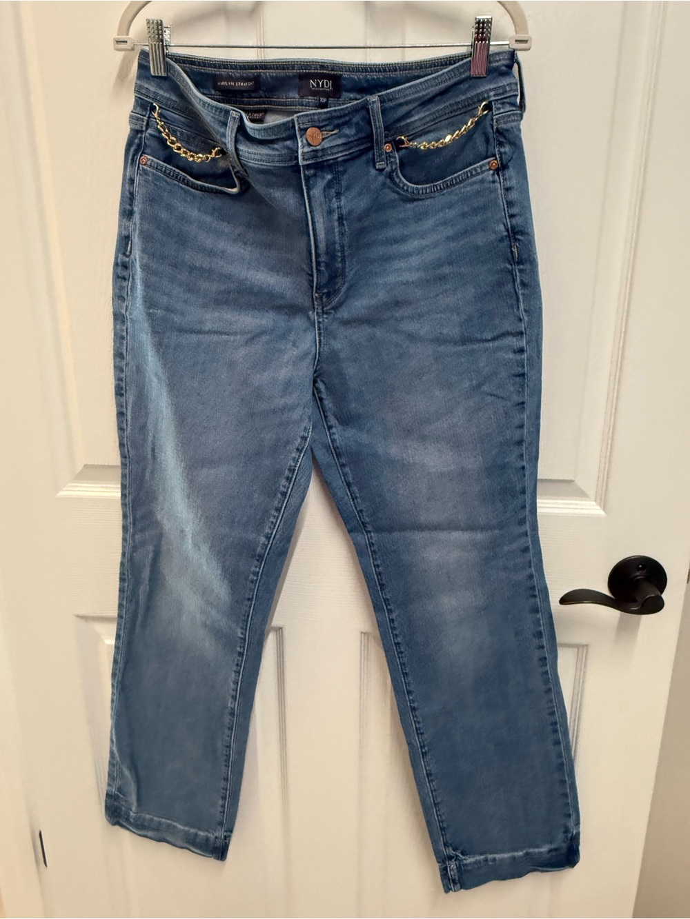 NYDJ Marilyn Straight Jeans with High Rise and Gold Chains.